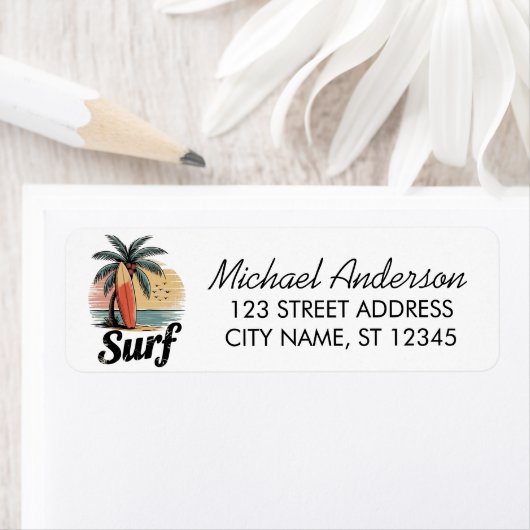 Surf Surfing Beach Surfboard Return Address ラベル (インサイチュ)