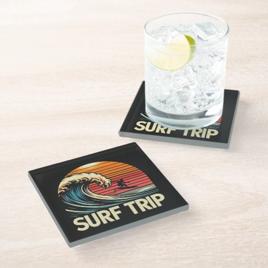 Surf Trip rétro sunset ガラスコースター (アングル)