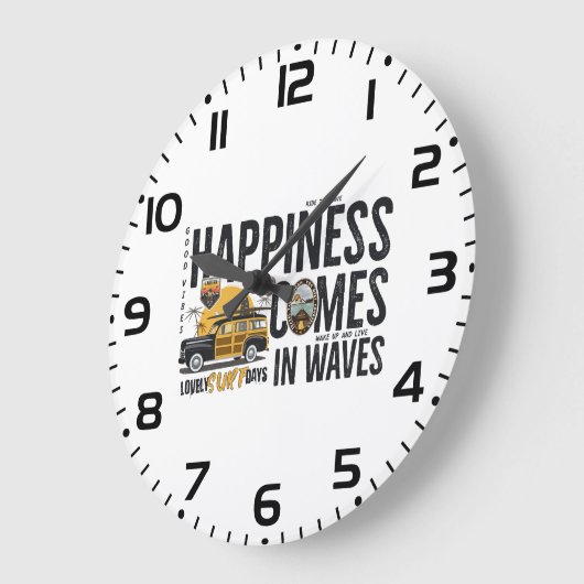 Surf Van Beach Quote Happiness Comes in Waves ラージ壁時計 (傾斜)