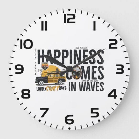 Surf Van Beach Quote Happiness Comes in Waves ラージ壁時計 (正面)