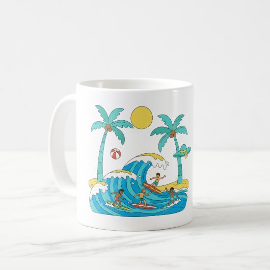 Surf & Waves – Cartoon Beach Gift Mug コーヒーマグカップ (正面左)