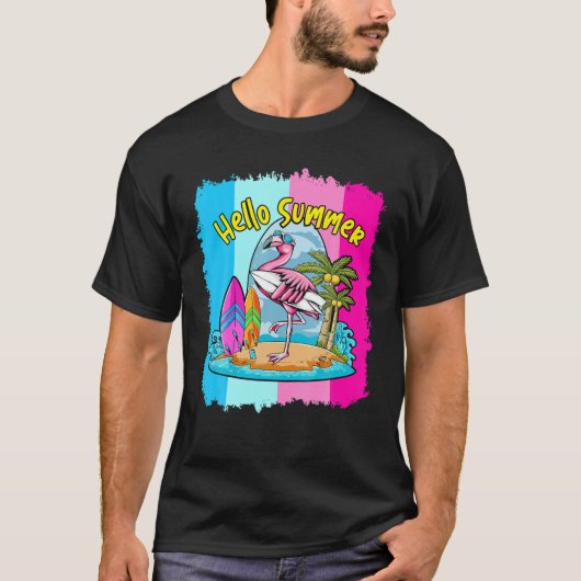 Surfboard Hello Summer Flamingo Funny Beach Summer Tシャツ (正面)