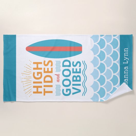 Surfboard High Tides Good Vibes Customizable Beach ビーチタオル (正面)