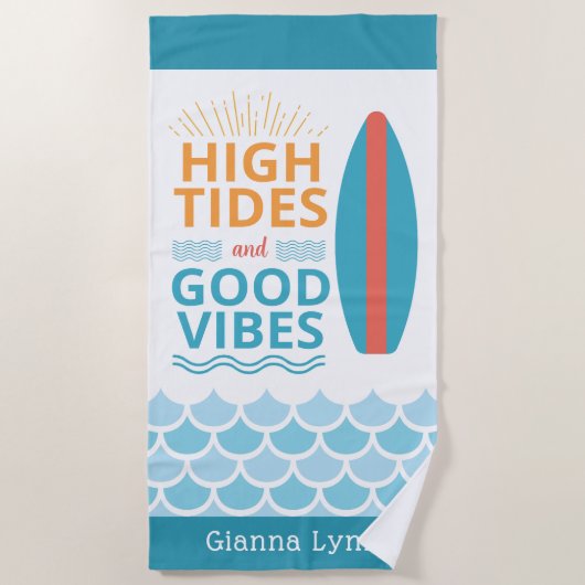 Surfboard High Tides Good Vibes Customizable Beach ビーチタオル (正面)