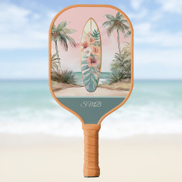Surfboard Tropical Island Floral Teal Initials ピックルボールラケット