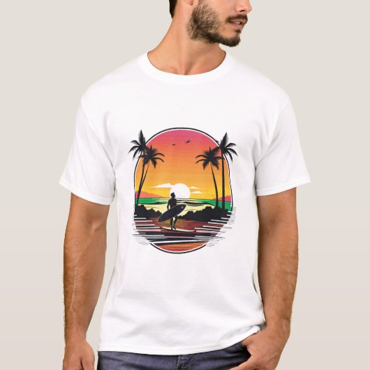 Surfer Beach Sunset Retro Tropical Illustration Tシャツ (正面)