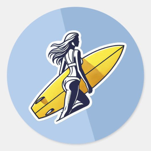Surfer girl with Yellow Surfboard ラウンドシール (正面)