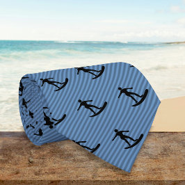 Surfer Motif - Guy on Surfboard on Blue Striped ネクタイ