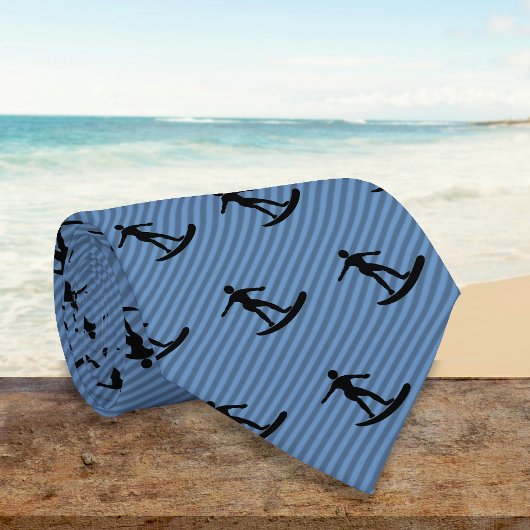 Surfer Motif - Guy on Surfboard on Blue Striped ネクタイ