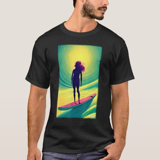 Surfergirl Girl Woman Surfboard Waves Sea Vacation Tシャツ (正面)