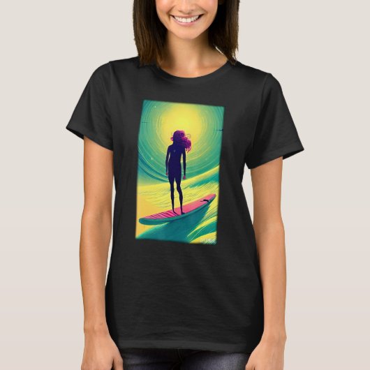 Surfergirl Girl Woman Surfboard Waves Sea Vacation Tシャツ (正面)