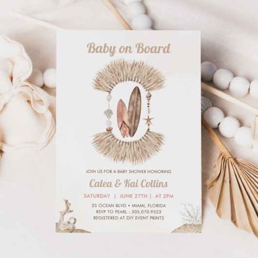 Surfing Beach Boho Baby On Board Baby Shower 招待状