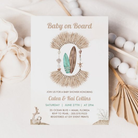 Surfing Beach Boho Baby On Board Baby Shower 招待状