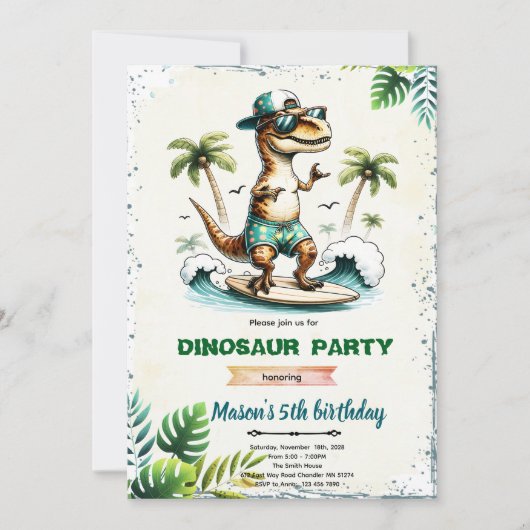Surfing Dinosaur Birthday Invitation  招待状 (正面)