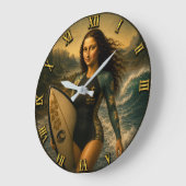 Surfing Funny Mona Lisa for Beach & Ocean Lovers ラージ壁時計 (傾斜)