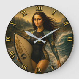 Surfing Funny Mona Lisa for Beach & Ocean Lovers ラージ壁時計