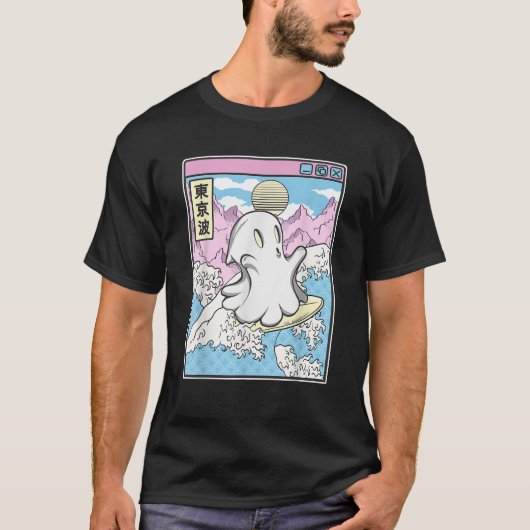 Surfing Ghost In Japanese Waves Anime Kawaii Vapor Tシャツ (正面)
