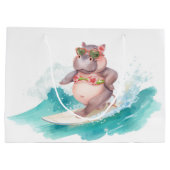 Surfing Hippo Christmas Bikini on big wave ラージペーパーバッグ (裏面)