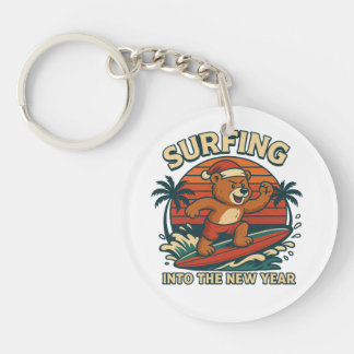 Surfing Into The New Year- Retro 80s Vintage Bear キーホルダー