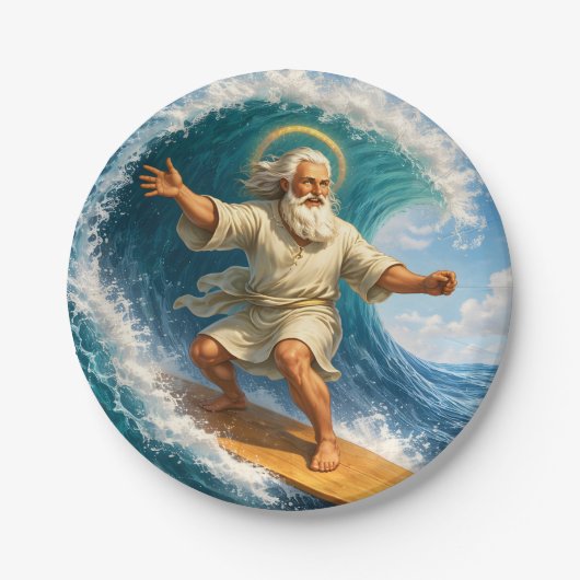 Surfing Moses funny biblical art party paper plate ペーパープレート (正面)