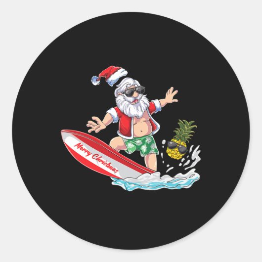 Surfing Santa Beach Holiday Plams Christmas In Jul ラウンドシール (正面)