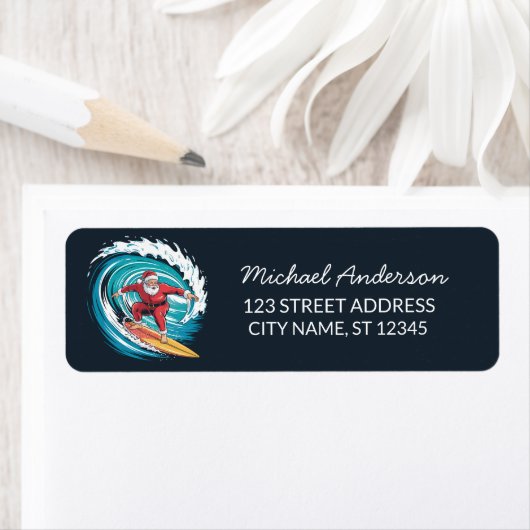 Surfing Santa Funny Christmas Return Address ラベル (インサイチュ)