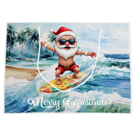 Surfing Santa is on big wave in Hawaii  ラージペーパーバッグ (正面)