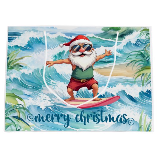 Surfing Santa is on big wave in Hawaii  ラージペーパーバッグ (正面)
