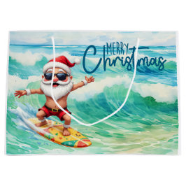 Surfing Santa is on big wave in Hawaii  ラージペーパーバッグ