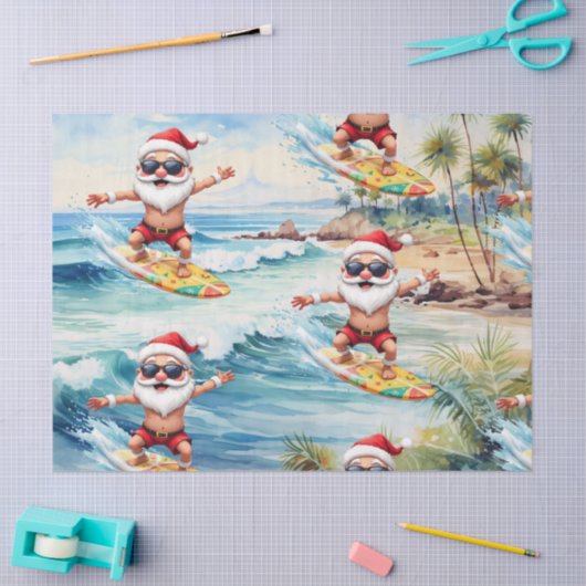 Surfing Santa is on big wave in Hawaii 薄葉紙 (クラフト)