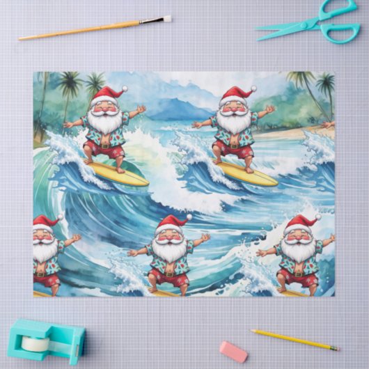 Surfing Santa is on big wave in Hawaii  薄葉紙 (クラフト)