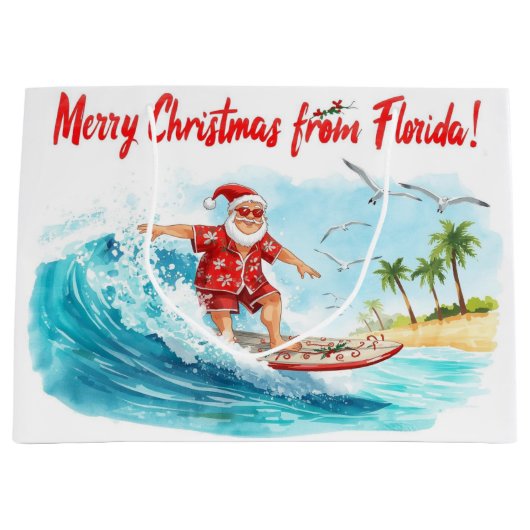 Surfing Santa Merry Christmas from Florida ラージペーパーバッグ (正面)