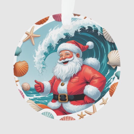 Surfing Santa Seashell Wave Acrylic Christmas Orna オーナメント (正面)