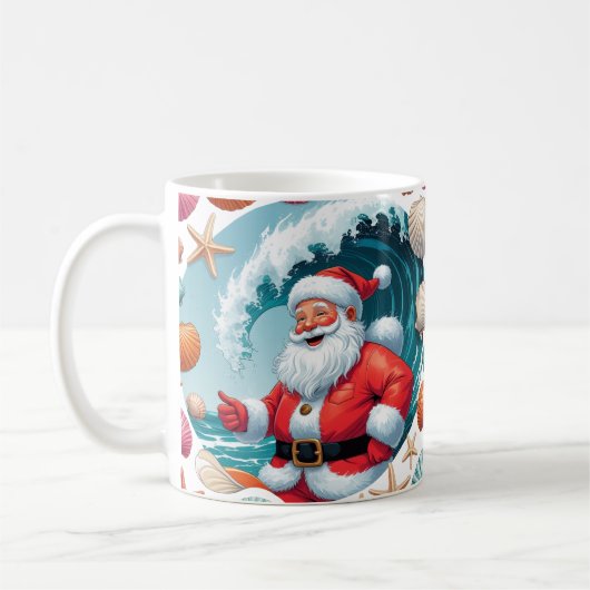 Surfing Santa Seashell Wave Classic Christmas Mug コーヒーマグカップ (左)