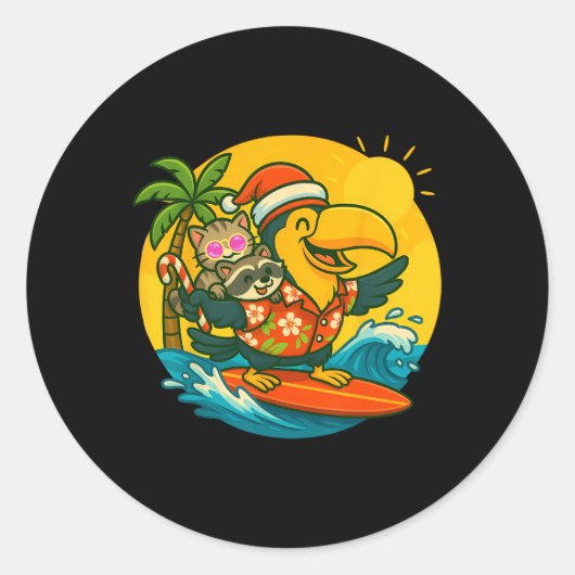 Surfing Santa Toucan Fun Cat And Raccoon Christmas ラウンドシール (正面)