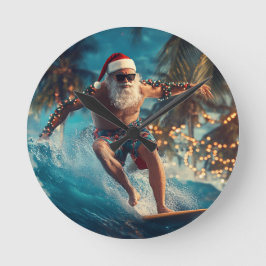 Surfing Santa Wall Clock - Fun Tropical Christmas  ラウンド壁時計