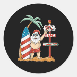 Surfing Santa With Usa Patriotic Surfboard Christm ラウンドシール
