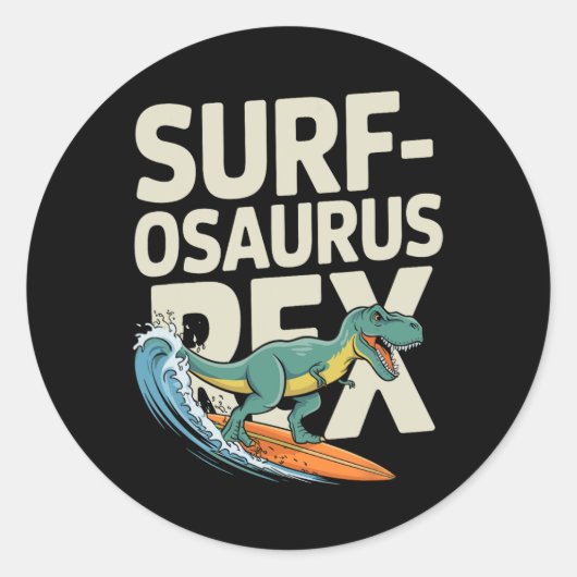 Surfosaurus Rex Funny Surfing Dinosaur  ラウンドシール (正面)