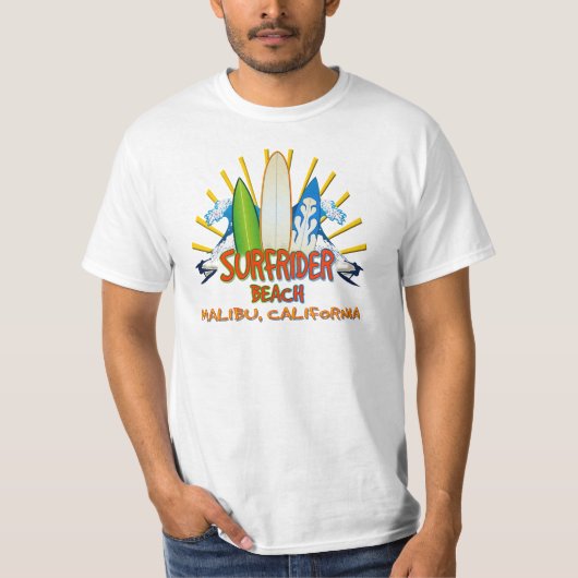 Surfriderのビーチ、マリブ、カリフォルニア Tシャツ (正面)