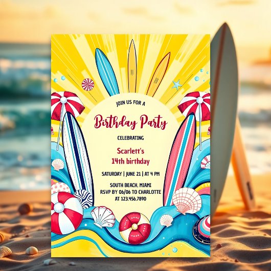 Surfsアップサマーおもしろいビーチサーフィン誕生日 招待状