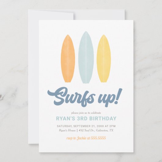 Surfsアップビーチ子供の誕生日パーティー 招待状 (正面)