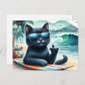 Surfsアップ猫好きクールブラックキャット ポストカード (正面/裏面)