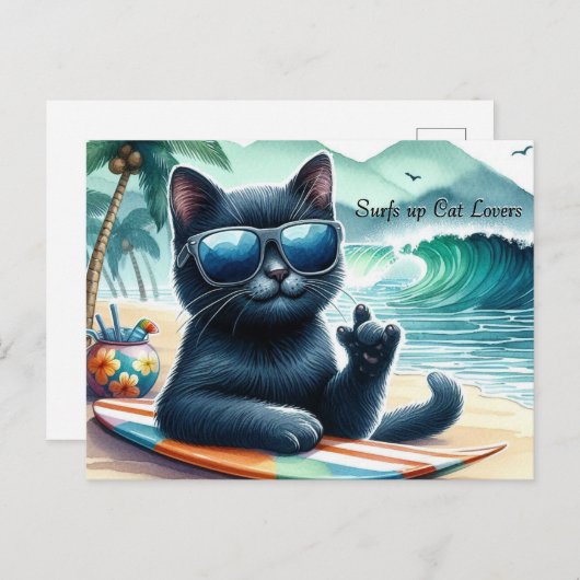 Surfsアップ猫好きクールブラックキャット ポストカード (正面/裏面)