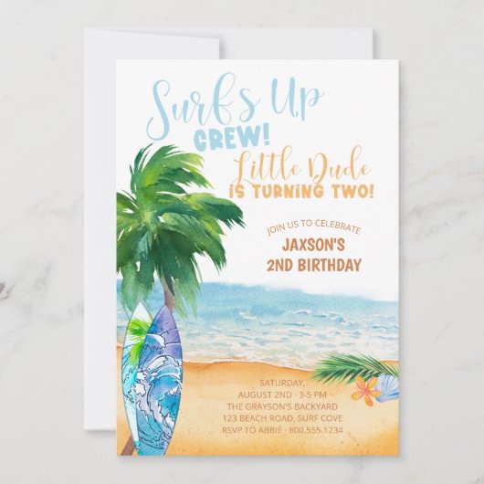 Surfs UpクルーLittle Dudeターニング2歳の誕生日 招待状 (正面)