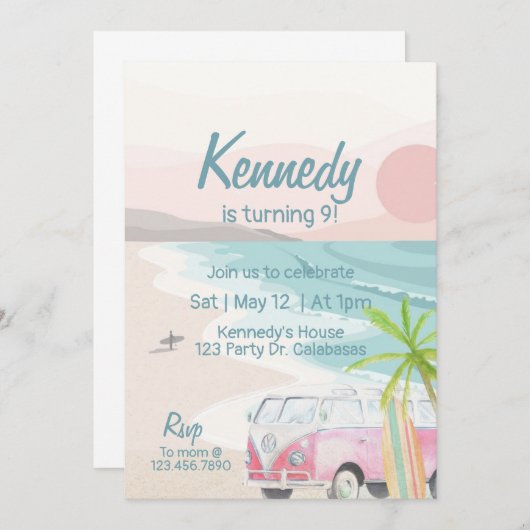 Surfs Up招待状、Surfパーティー、ルアウ(ハワイ式宴会)、ビーチ 招待状 (正面/裏面)