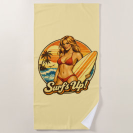 Surf's Up ビキニピンナップ | レトロサーフショップ グラフィック ビーチタオル