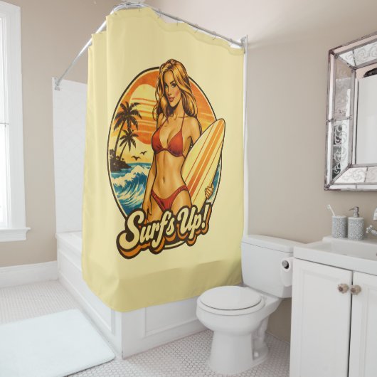 Surf's Up Bikini Pin-Up | Retro Surf Shop Graphic シャワーカーテン (インサイチュ)