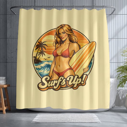 Surf's Up Bikini Pin-Up | Retro Surf Shop Graphic シャワーカーテン