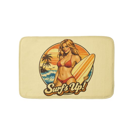 Surf's Up Bikini Pin-Up | Retro Surf Shop Graphic バスマット (正面)