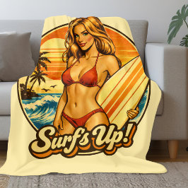 Surf's Up Bikini Pin-Up | Retro Surf Shop Graphic フリースブランケット